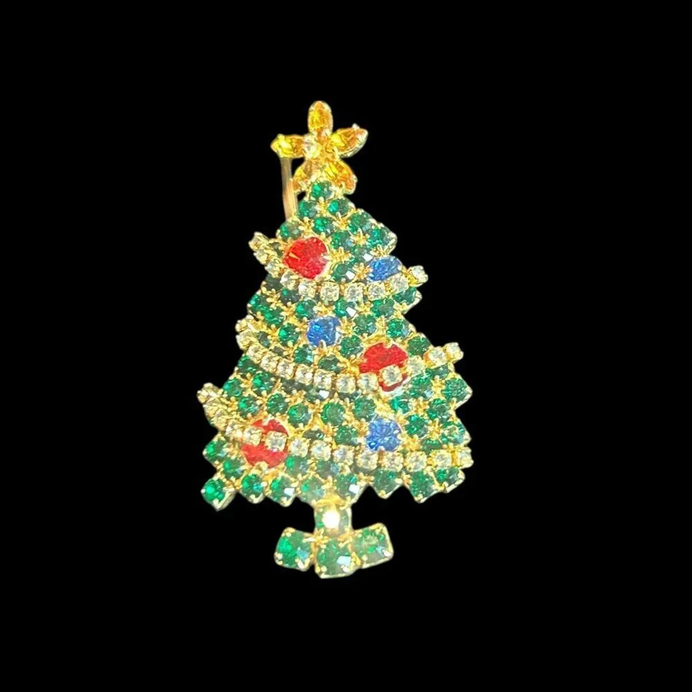Vintage Christmas Tree Pin Brooch Rhinestone Swag